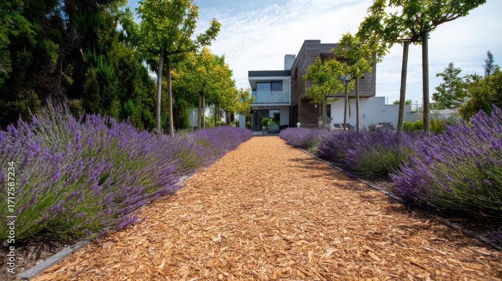 Fototapeta premium lavender bushes on the sides of a modern house