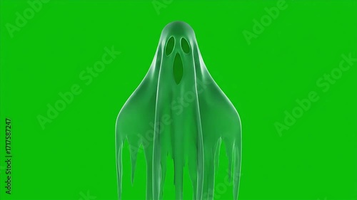 Eerie green ghost with hollow eyes floats against a vibrant chroma key background.