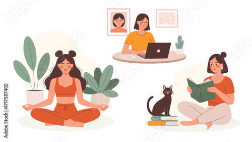Women engaged in self-care activities like yoga, working on laptop, and reading woman