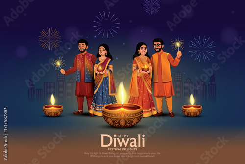 Indian festival of lights Happy Diwali with people celebrating, holiday Background, Diwali celebration greeting card, vector illustration design.	