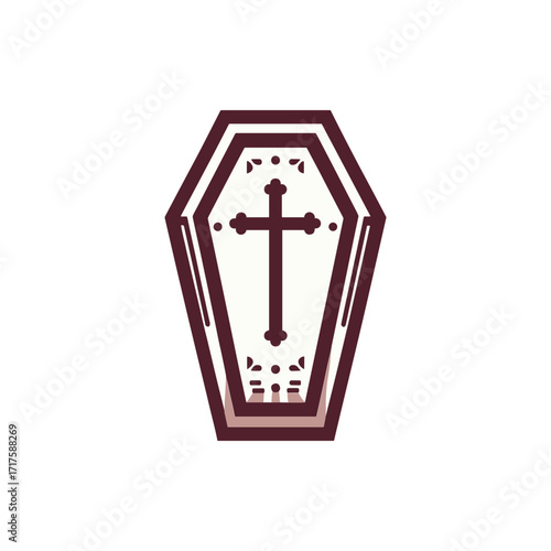 A decorative coffin featuring a cross design, set against a plain background, symbolizing mortality