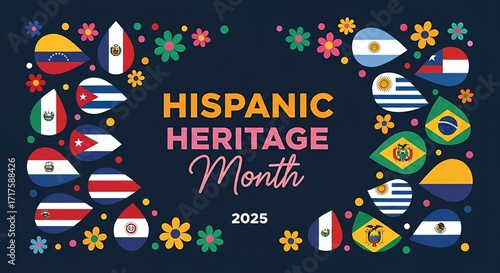 Celebrate Hispanic Heritage Month 2025 with vibrant flags and floral designs symbolizing unity and culture