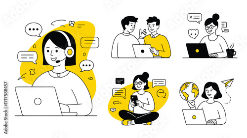 Diverse people using laptops and smartphones for communication and work technology