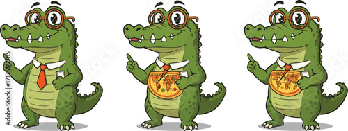 Cartoon crocodile in glasses, funny alligator character, eating pizza slice, business tie, cute reptile mascot, vector illustration, food lover