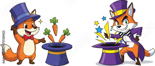 Cartoon fox magician performing magic tricks with top hat, magic show illustration, fantasy character design, cute animal magician, children entertainment