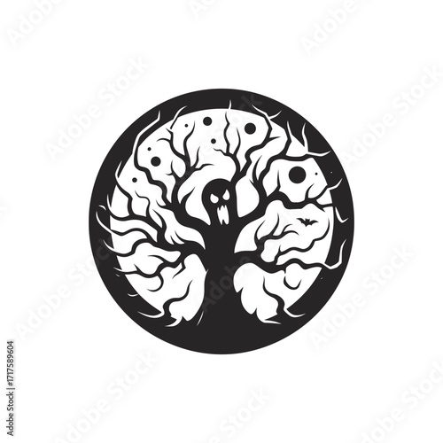 Dark artistic representation of a twisted tree with a skull, symbolizing horror and nature's mystery