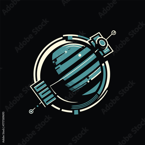 Abstract illustration of a planet with satellite orbiting, showcasing a cosmic theme