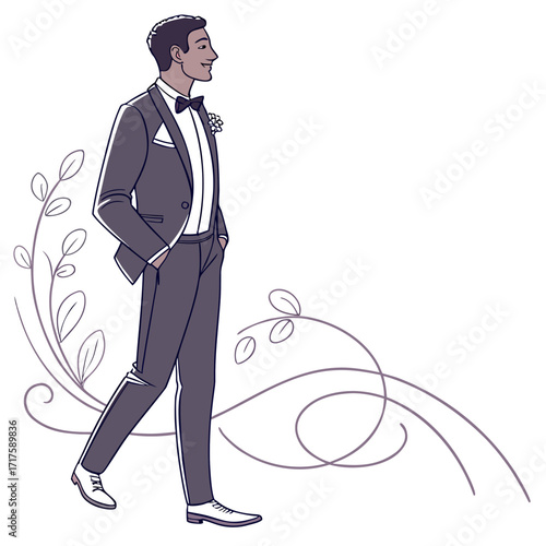 Smiling man in a dark suit and bow tie walking confidently with hands in pockets and floral accents