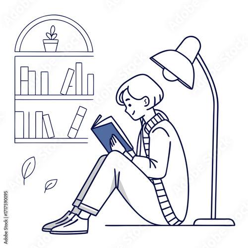 Cozy illustration of a young person sitting on the floor reading a book under a lamp next to a bookshelf