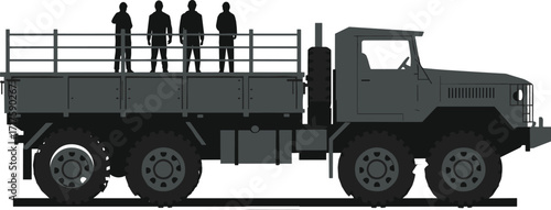 Military transport truck with soldiers standing, army vehicle illustration, heavy duty truck, logistics, troop transport, defense, war, equipment vector