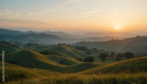 Rolling Green Hills at Sunrise: A Serene Landscape Panorama