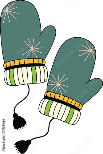 Cozy green winter mittens with snowflake pattern and tassels vector
