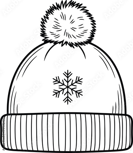 Hand drawn winter hat snowflake cozy bobble beanie sketch vector