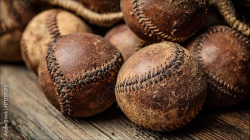 Old baseballs on rustic wooden table close-up.

