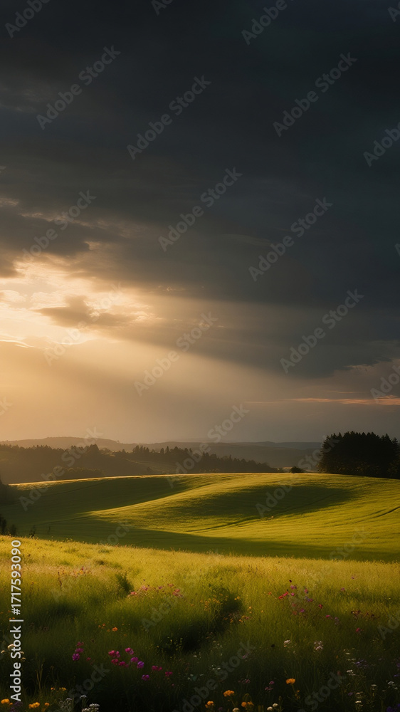 Obraz premium Sun rays breaking through dark clouds over a green field, light beams illuminating patches of grass