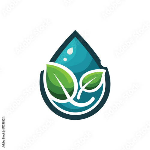 A vibrant water droplet icon featuring green leaves, symbolizing nature and sustainability