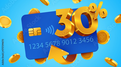 30 cashback icon with credit card and coins. Cashback or money back label. Vector illustration