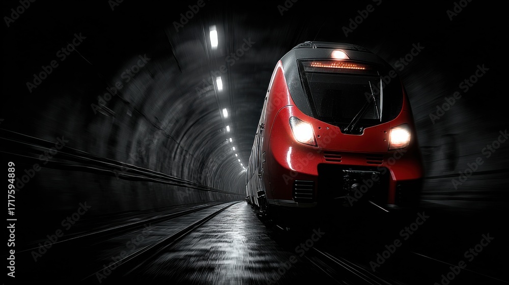 Obraz premium Red train moving fast inside dark tunnel with lights