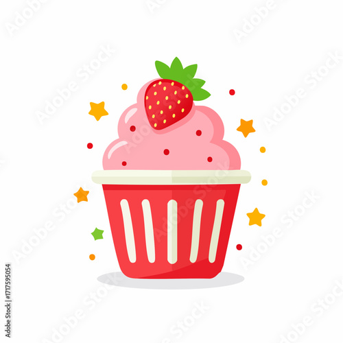 Strawberry ice cream cup icon with stars. Fun and colorful dessert vector for kids or summer themes.
