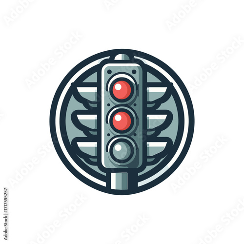 Illustration of a traffic light with red signals, surrounded by decorative elements, symbolizing road safety