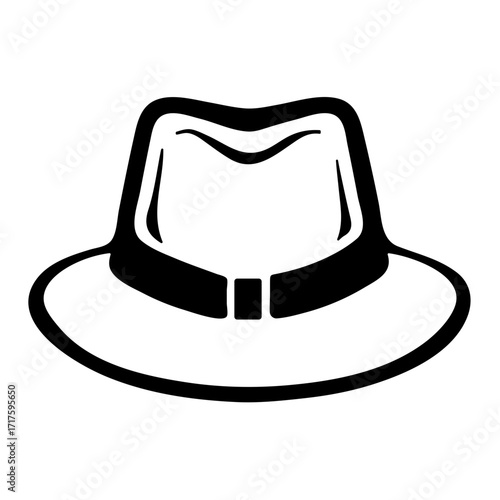 Illustration of a fedora hat with a dark band and a square detail in a simple black and white design
