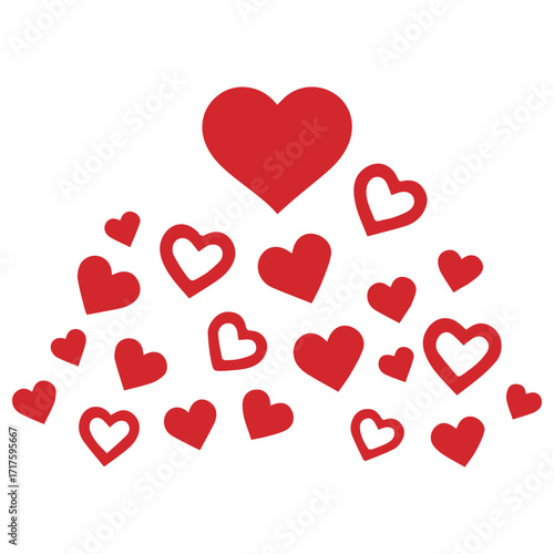 A collection of red hearts in varying sizes and styles scattered on a white background in a random pattern