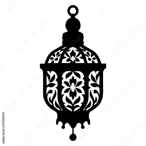 Intricate black silhouette of a hanging lantern with floral cutouts and ornate decorations design element
