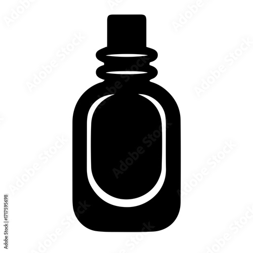 Isolated black silhouette of a bottle with a thick neck and a rectangular body on a white background