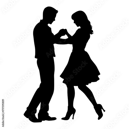 Silhouette of a couple dancing together in a vintage style with the woman wearing heels and a dress