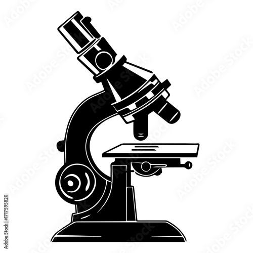 A black and white illustration of a microscope used for scientific research and experimentation in labs