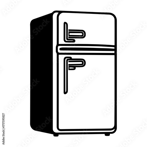 Illustration of a two door refrigerator with handles and a black shadow on the left side view in white