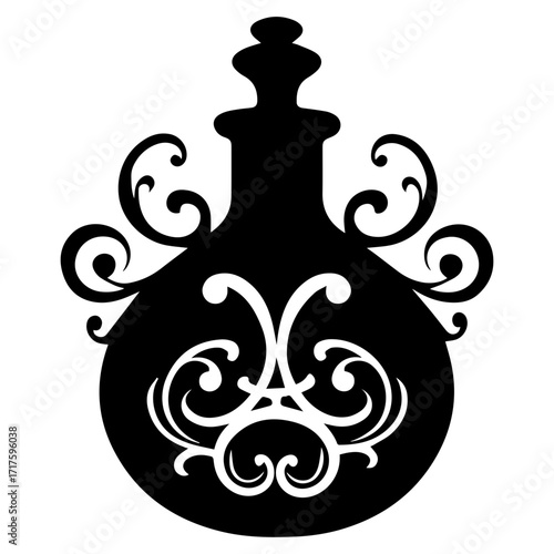 Ornate black bottle silhouette with decorative swirls and elegant design elements forming a pattern