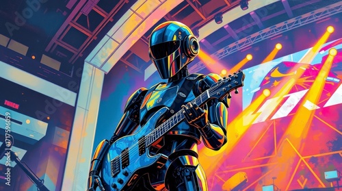 Futuristic robot musician playing electric guitar on stage