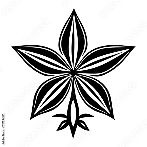 Black and white floral design with five petals and striped pattern for decorative or artistic purposes