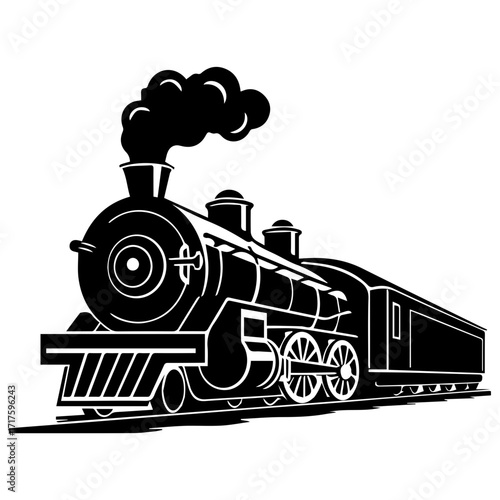 Illustration of a classic steam train with smoke billowing from its stack in black and white style