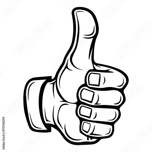 Hand gesture showing thumbs up in black and white outline with visible sleeve and fingers extended