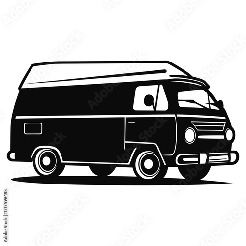 Illustration of a classic camper van in black and white side view with shadow underneath