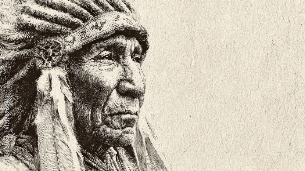Fototapeta premium A detailed illustration of a Native American chief, showcasing traditional attire and a feathered headdress, set against a textured background.