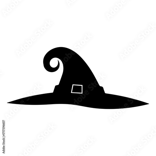 Silhouette of a classic witch hat with a curled tip and a square buckle on the band design element