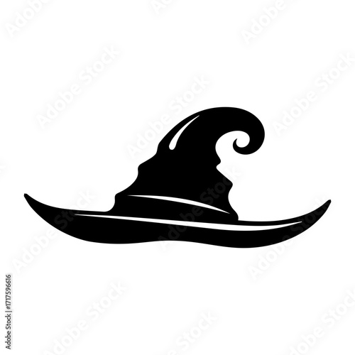 Silhouette of a classic witch hat with a curled tip and wide brim isolated on a white background