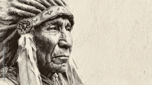 A detailed illustration of a Native American chief, showcasing traditional attire and a feathered headdress, set against a textured background.