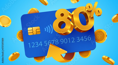 80 cashback icon with credit card and coins. Cashback or money back label. Vector illustration