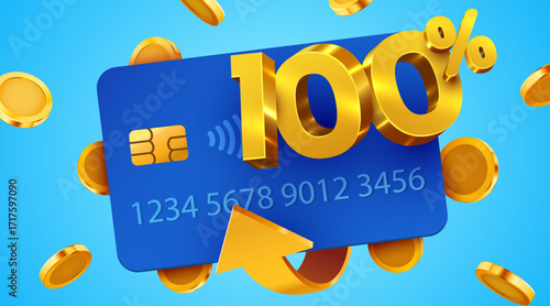100 cashback icon with credit card and coins. Cashback or money back label. Vector illustration