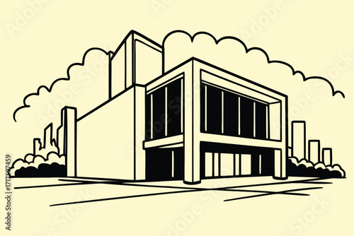 Building an architectural illustration of a new commercial or residential structure with a blue sky and a window facade