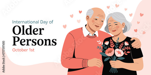 International Day of Older Persons illustration with elderly couple, bouquet of flowers, and heart accents celebrating love, care, and aging 
