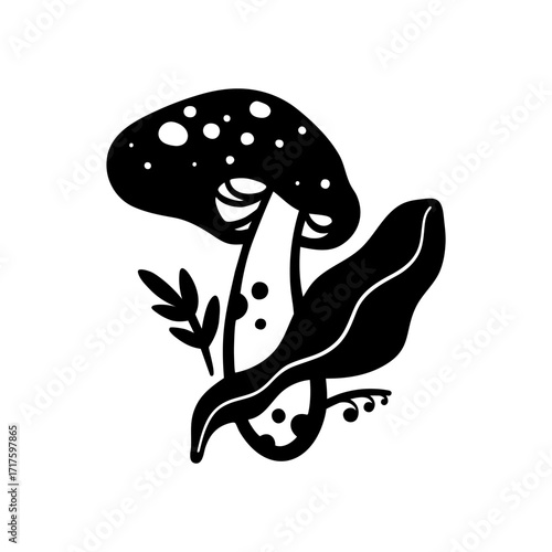 Woodland mushroom. Amanita mushroom. Fungus black and white illustration.