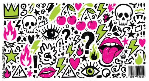 Vibrant hand drawn doodle elements featuring skulls lips eyes cherries lightning and crowns vector