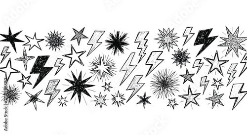 Energetic hand drawn stars and lightning bolts grunge texture design elements pattern vector