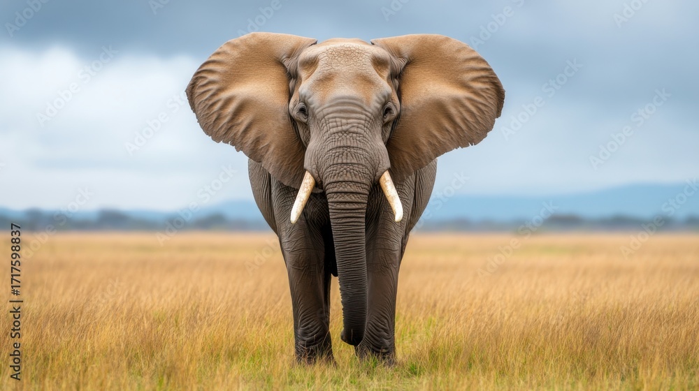 Fototapeta premium Majestic Elephant Standing in Golden Grassland Under Dramatic Sky