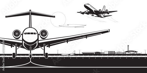 View from private jet to plane taking off from the airport – vector illustration